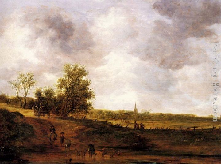 Jan van Goyen A rural landscape with peasants and a drover by a track, a village beyond